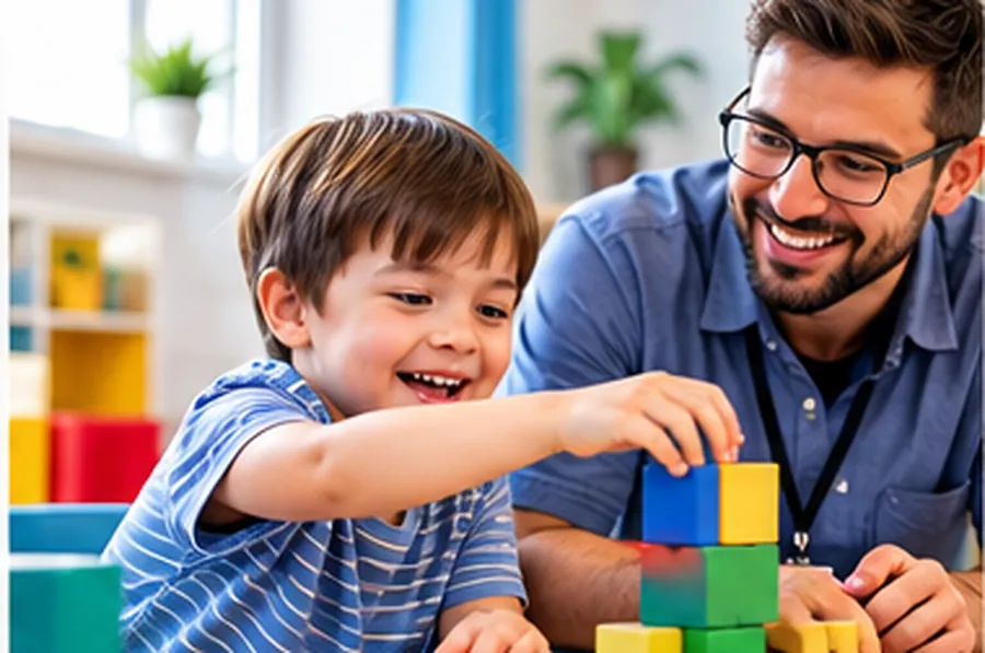 A clinician and a child building with blocks