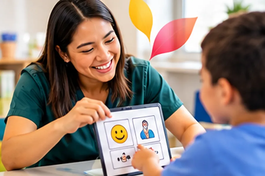 A clinician using picture cards with a child