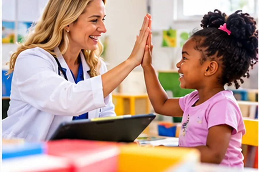 A clinician and a child celebrating with a high five