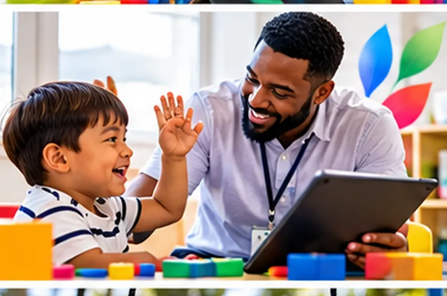 A clinician and a child working together with a tablet