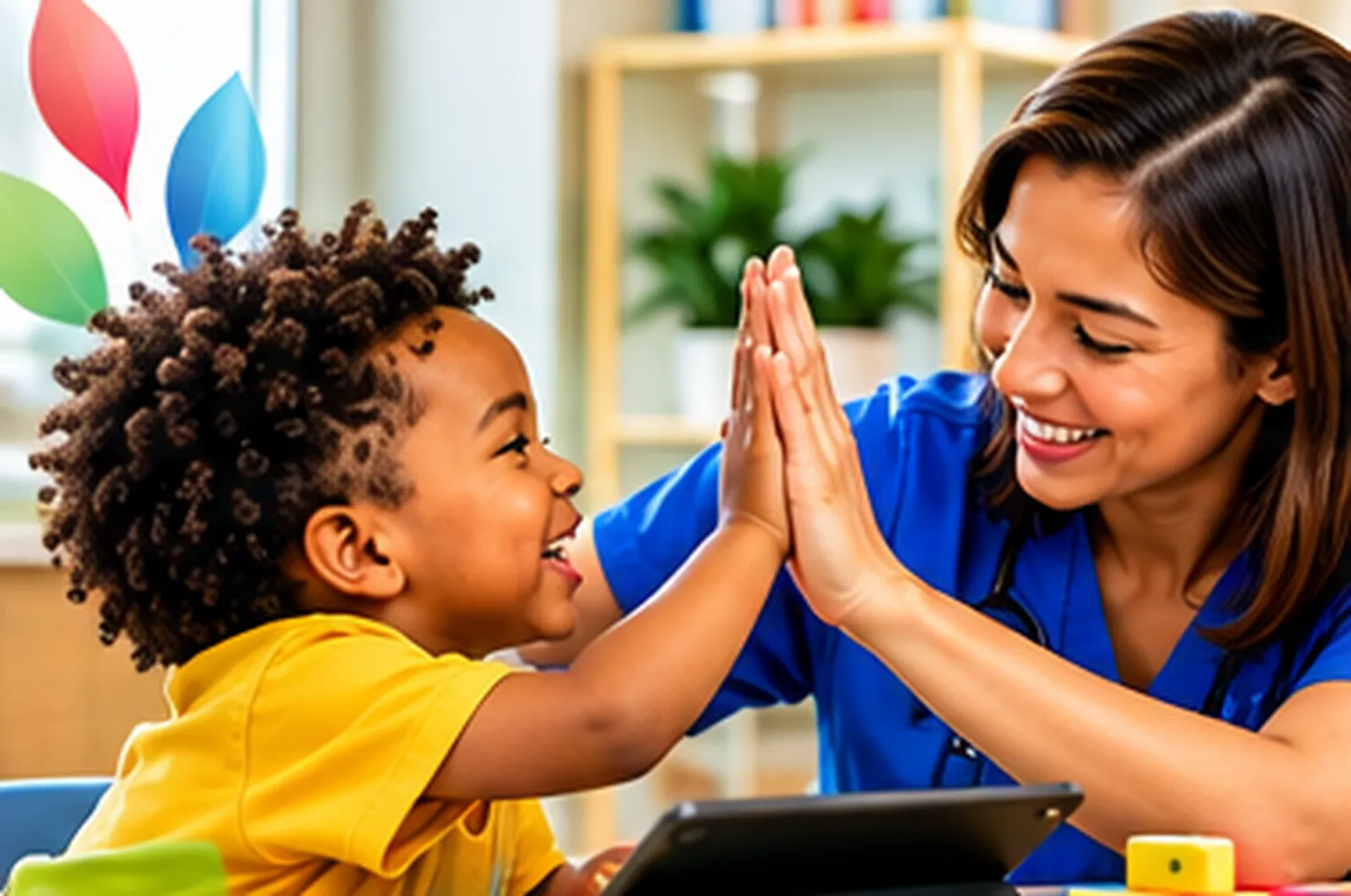A clinician and a young child share a high five during a therapy session