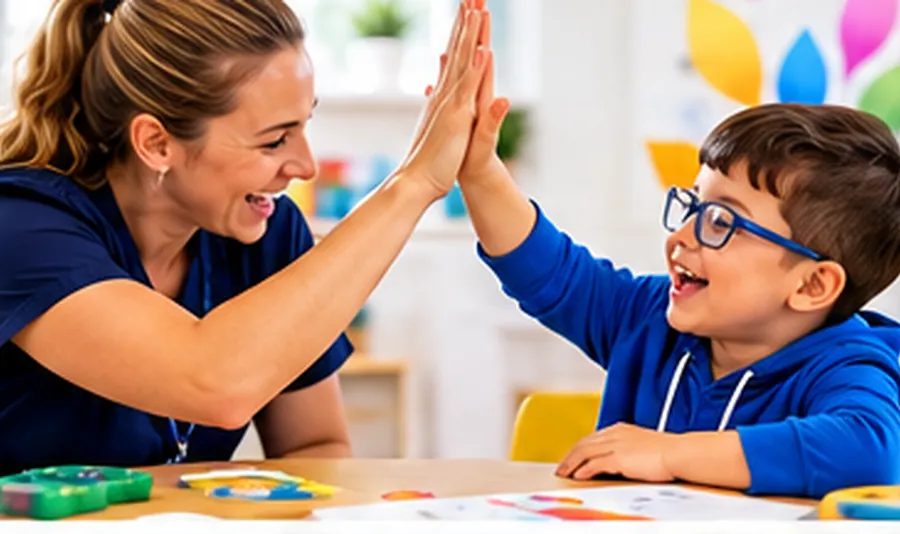 A clinician celebrating with a child at the table